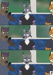 ambiguous_gender anthro blush canid canine comic felid feline female female_anthro fully_clothed_anthro fully_clothed_female group hi_res implied_cunnilingus inside_train lynx mammal train trio vehicle weaselclaw