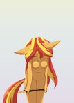 2022 anthro anthrofied bikini bikini_down black_bikini black_bikini_bottom black_clothing black_swimwear blonde_hair blonde_mane blush bottomless breasts clothed clothing digital_drawing_(artwork) digital_media_(artwork) equestria_girls equid equine eyes_closed female friendship_is_magic fur grey_background hair hair_between_eyes hasbro hi_res horse howxu mammal mane multicolored_hair multicolored_mane multicolored_tail my_little_pony nipples nude pony pulling_bikini_down red_hair red_mane red_tail seductive simple_background solo sunset_shimmer_(eg) swimwear tail tan_body tan_ears tan_fur tan_inner_ear topless two-piece_swimsuit undressing yellow_tail