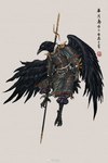 2021 anthro armor asian_clothing avian barefoot bird chinese_clothing chinese_text clothed clothing corvid east_asian_clothing fantasy feet flying fully_clothed hi_res lamellar_armor male melee_weapon muyang_fort oscine passerine polearm robe solo spear text twenty-eight_mansions warrior weapon white_eyes wings