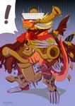 aledonrex anthro armor bathtub belt blonde_hair bushiroad cape clothing digital_media_(artwork) dragon drum_bunker_dragon exclamation_point future_card_buddyfight hair headgear helmet hi_res horn male multicolored_body multicolored_skin mythological_creature mythological_scalie mythology orange_body orange_skin parody red_body red_skin scalie solo tail two_tone_body two_tone_skin wardrobe_malfunction