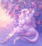 2021 anthro eyelashes female front_view grass hair hi_res horn long_hair navel nude outdoor_nudity outside pink_rose plant purple_eyes sitting slightly_chubby slightly_chubby_anthro slightly_chubby_female solo tail tail_tuft tiggybloom tuft white_body white_hair white_horn wide_hipped_anthro wide_hipped_female