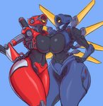 2020 absurd_res apex_legends big_breasts black_body blue_body blue_legs breasts crossgender duo electronic_arts female hand_on_hip hi_res huge_breasts humanoid looking_at_viewer machine multicolored_body new_blood_interactive not_furry pathfinder_(apex_legends) pose red_body red_legs respawn_entertainment robot saidra simple_background thick_thighs three-quarter_view ultrakill v1_(ultrakill) v2_(ultrakill)