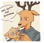 alternate_universe ambiguous_gender anthro antlers baby beastars brown_body brown_eyes brown_fur canid canine canis cervine clean_diaper clothed clothing comic daww deer dialogue diaper diaper_only duo eden_fries english_text fan_character father_(lore) father_and_child_(lore) fur horn hybrid louis_(beastars) male mammal outline_speech_bubble parent_(lore) parent_and_child_(lore) question_mark red_deer senbug simple_background speech_bubble talking_to_another text topless vowelless vowelless_vocalization wearing_diaper wolf young