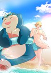 absurd_res anthro beach beach_style_snorlax duo eyewear generation_1_pokemon hi_res holowear_(pokemon) human inflatable inner_tube interspecies loose_skin male male/male mammal nintendo obese obese_anthro overweight overweight_anthro overweight_male pokemon pokemon_(species) pokemon_unite pokephilia romantic romantic_ambiance seaside shirtless_male sky snorlax sunglasses tapirclip volo_(pokemon) water