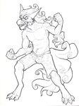 airu angry anthro asian_mythology cigarette claws clothing ear_piercing east_asian_mythology eyebrows fangs fighting_pose foo_dog hair jake_(airu) long_hair male mammal mythology piercing pose smoking solo standing tail teeth thick_eyebrows traditional_media_(artwork) underwear