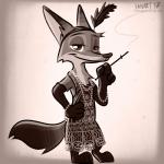 1:1 2017 3_toes 4_fingers alternative_fashion anthro armwear barefoot big_eyes big_head biped bracelet canid canine cigarette cigarette_holder clothed clothing crossdressing dipstick_ears dipstick_tail disney dress ear_markings elbow_gloves fanartiguess feathers feet fingers flapper fox full-length_portrait fully_clothed fur gem gloves half-closed_eyes hand_on_hip handwear hi_res holding_object jewelry looking_at_viewer male mammal markings monochrome multicolored_body multicolored_ears multicolored_fur multicolored_tail narrowed_eyes naughty_face necklace nick_wilde pearl_(gem) pearl_necklace portrait red_fox sepia signature simple_background smile smoke smoking solo standing tail tail_markings text toes toony true_fox url zootopia