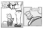 anthro blah_blah_blah blush bottomwear bulge clothing comic comic_panel dialogue distracted duo english_text human humor looking_at_bulge male mammal monochrome mouse murid murine nondelismell office pants rodent short_stack size_difference smaller_male text