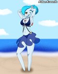 2021 aidan_kresnik beach black_sclera blue_hair clothing facial_markings featureless_feet feet female gardevoir generation_3_pokemon hair hair_over_eye head_markings hi_res humanoid markings midriff navel nintendo not_furry one_eye_obstructed orange_eyes pokemon pokemon_(species) ponytail raised_arms sand seashore seaside shiny_pokemon signature swimwear