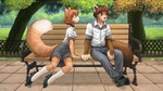 16:9 2013 5_fingers adolescent anthro belt bench biped black_clothing black_footwear black_high_heels blue_eyes bored bottomwear breasts brown_body brown_eyes brown_fur brown_hair brown_nose clothed clothing collar detailed_background digital_media_(artwork) dipstick_tail domestic_cat duo english_text felid feline felis female fingers fluffy fluffy_tail footwear frown fur grass hair hi_res high_heels iskra konrad_zengel leaning leaning_forward legwear looking_at_another looking_away male mammal markings multicolored_body multicolored_fur multicolored_tail on_bench outside pants park pink_nose plant playful pleated_skirt pumps school_uniform shaded shakumi shirt shoes sitting skirt smile socks tail tail_markings text topwear tree two_tone_body two_tone_fur uniform vera_(iskra) whiskers white_body white_fur wide_hips widescreen young