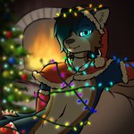 anthro armwear bottomless canid canine cape choker christmas christmas_clothing christmas_headwear christmas_lights christmas_tree clothed clothing ear_piercing fireplace foster_the_dog_(yaboyfoz!) fur glowing glowing_eyes hat headgear headwear hi_res holidays jewelry leggings legwear looking_at_viewer lying male mammal multicolored_body multicolored_fur necklace on_side piercing plant santa_hat shoulder_cape solo topless tree yaboyfoz!