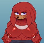 alternate_version_at_source anthro big_pecs black_nose blush blush_lines bodily_fluids clothing clothing_pull echidna fur glistening glistening_body glistening_pecs hi_res knuckles_the_echidna lactating looking_at_viewer male male_lactation mammal meowwabae milk monotreme muscular muscular_anthro muscular_male nipples pecs presenting presenting_pecs puffy_nipples purple_eyes red_body red_fur sega showing_chest shy simple_background solo sonic_the_hedgehog_(series)