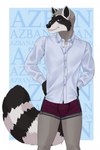 anthro athletic azban blue_eyes clothed clothing dress_shirt garter_straps hi_res male mammal partially_clothed pose posing_for_picture procyonid raccoon sajophoe shirt shirt_stays shirtless shirtless_male smile solo topwear underwear underwear_only