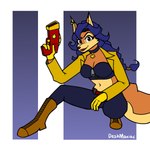 1:1 anthro belt boots bottomwear breasts canid canine carmelita_fox cleavage clothed clothing collar deskmaniac digital_media_(artwork) ear_piercing ear_ring female fingers footwear fox fur gloves gun hair handwear hi_res holding_gun holding_object holding_ranged_weapon holding_weapon lipstick looking_at_viewer makeup mammal midriff navel pants piercing ranged_weapon ring_piercing shoes simple_background sly_cooper_(series) smile solo sony_corporation sony_interactive_entertainment sucker_punch_productions tail topwear weapon