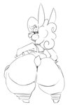 2019 anthro big_butt biped black_and_white bottom_heavy bottomwear breasts butt cargo_pants clothed clothed_anthro clothed_female clothing contrapposto curled_hair digital_drawing_(artwork) digital_media_(artwork) ears_up eye_through_hair eyebrow_through_hair eyebrows eyelashes eyelashes_through_hair female female_anthro full-length_portrait fur gloves hair handwear hi_res lagomorph leporid looking_at_viewer looking_back maddeku mammal monochrome narrowed_eyes overweight overweight_anthro overweight_female pants pockets portrait rabbit rabbit_ears rear_view scut_tail short_tail simple_background sketch solo standing tail thick_thighs translucent translucent_hair white_background wide_hipped_anthro wide_hipped_female wide_hips