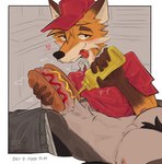 absurd_res anthro bottomwear bottomwear_down canid canine clothed clothing duo erection fast_food_employee fast_food_uniform food food_fetish food_on_penis food_play fox fully_clothed genitals hat headgear headwear hi_res hot_dog_bun humanoid_genitalia humanoid_penis ketchup kinktober_2024 male male/male mammal mustard mustard_bottle nick7005 pants pants_down partially_clothed penis red_clothed shirt shirtless tongue tongue_out topwear