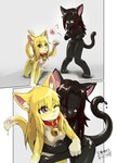 2022 absurd_res after_transformation bell bell_collar black_body collar comic duo felid feline female goo_creature hi_res hug mammal shizumi_tsubasa yellow_body