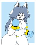 absurd_res anthro belly big_breasts bottomwear boxing_gloves breasts clothed clothing enderbendr felid feline female fur hair handwear hi_res looking_at_viewer mammal open_mouth simple_background slightly_chubby smile solo tem temmie_(undertale) thick_thighs topwear undertale undertale_(series) white_body white_fur