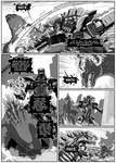 absurd_res all_fours am_(ihnmaims) ambiguous_gender back_spikes black_and_white blood bodily_fluids border city city_destruction cityscape comic destruction drooling duo english_text feral fight godzilla godzilla_(series) greyscale hi_res i_have_no_mouth_and_i_must_scream i_have_two_sides_(meme) kaiju king_ghidorah machine male mecha mechagodzilla monochrome monsterverse pyrasterran saliva spikes spikes_(anatomy) spines text text_box toho white_border