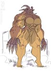 2021 abs anthro big_breasts big_chest big_hands breasts building claws conditional_dnp empty_eyes featureless_breasts featureless_crotch female fur green_eyes horn jollyjack kaiju macro mammal muscular muscular_anthro muscular_arms muscular_female muscular_thighs nude restricted_palette skyscraper solo tan_body tan_fur thick_arms