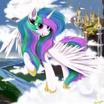 absurd_res cloud equid equine female friendship_is_magic happy hasbro hi_res horn mammal my_little_pony mythological_creature mythological_equine mythology open_mouth pink_eyes princess_celestia_(mlp) ser-p solo water winged_unicorn wings