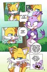 2024 absurd_res anthro big_breasts biped blaze_the_cat breasts canid canine clothed clothing comic dialogue domestic_cat duo english_text felid feline felis female fox fur gachimuchi hi_res ichduhernz male mammal miles_prower pupils purple_body purple_fur sega smile sonic_the_hedgehog_(series) speech_bubble text yellow_body yellow_fur