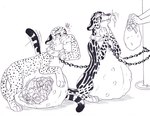 belly belly_inflation big_belly black_and_white blondevelvet chain cheetah collar conditional_dnp duo eating_trash felid feline female feral hi_res inflation internal king_cheetah mammal monochrome nipples object_vore pen_(artwork) simple_background spots story story_in_description traditional_media_(artwork) trash vore