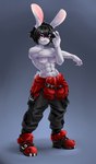 abs anthro athletic athletic_female black_hair boots bottomwear breasts brunno_(psychobun) clothed clothing crossgender female footwear grey_body hair hi_res lagomorph leporid mammal muscular muscular_female nipples pants psychobun rabbit red_eyes shoes solo topless topless_female