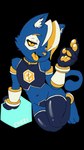 absurd_res alpha_channel anthro arm_tuft blonde_hair blue_body blue_clothing blue_fur blue_topwear cheek_tuft chizi clothing colored-in crop_top domestic_cat e621 facial_tuft felid feline felis femboy fur glistening glistening_clothing gloves hair hair_over_eye handwear hexagon hexerade hi_res inner_ear_fluff legwear logo logo_on_shirt looking_at_viewer male male_anthro mammal markings mascot multicolored_hair navel one_eye_obstructed pawpads paws shirt shoulder_tuft signature simple_background solo tail thigh_highs tongue tongue_out topwear transparent_background tuft white_hair white_markings yellow_eyes yellow_nose yellow_pawpads