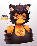 anthro canid canine canis chiro_(gamer_struggles) choker cumbusters dark_hair domestic_dog eyewear female food fries gamer_struggles glasses hi_res jewelry ketchup mammal necklace raki_robotguy solo spiral_eyes