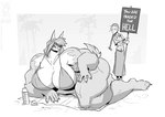 2023 anthro beach beach_blanket big_breasts bikini breasts canid canine claws clothing conditional_dnp duo english_text female fur greyscale hair huge_breasts human jollyjack looking_at_another mammal monochrome muscular muscular_anthro muscular_arms muscular_female muscular_legs mythological_canine mythological_creature mythology palm_tree pecs pecs_with_breasts plant protest_sign protester sand seaside sign swimwear tail text thermos thick_thighs towel tree two-piece_swimsuit were werecanid werecanine werewolf