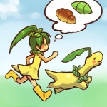 1:1 alternate_species bayleef bread clothing cosplay dress duo eyes_closed female feral food generation_2_pokemon green_hair hair hitec human humanized long_hair mammal nintendo pokemon pokemon_(species) quadruped tail thought_bubble