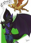 anthro black_body clothed clothing digital_media_(artwork) dragon duo feral gold_body hi_res kobold male music mythological_creature mythological_scalie mythology purple_eyes scalesindark scalie short_stack simple_background tail text urd url