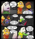 absolutedream asriel_dreemurr backpack boss_monster_(undertale) bovid caprine child comic dialogue english_text frisk_(undertale) hi_res human lizard mammal monster_kid reptile scalie scarf text umbrella undertale undertale_(series) wet young