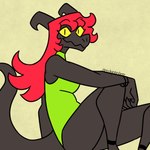 1:1 anklet anthro bracelet brown_body clothing dragon female hair horn jagged_mouth jewelry leotard lizard long_hair looking_at_viewer mythological_creature mythological_scalie mythology nerdyreindeer red_hair reptile scalie sitting smile solo yellow_eyes