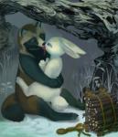 anthro balls canid canine detailed_background duo forest genitals interspecies kachi-kachi_mountain kigoh-neko kissing lagomorph leporid male male/male mammal outside plant rabbit raccoon_dog romantic romantic_couple sex tanuki tongue tree