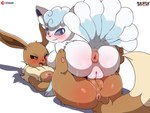 2024 4:3 alolan_form alolan_vulpix anthro anthrofied anus anus_size_difference areola arm_tuft artist_name black_nose blue_body blue_eyes blue_fur blush bodily_fluids body_blush breasts brown_body brown_eyes brown_fur butt butt_blush butt_tuft digital_media_(artwork) dipstick_tail duo eevee feet female female/female fur generation_1_pokemon generation_7_pokemon genital_fluids genitals head_tuft hi_res looking_at_viewer looking_back looking_back_at_viewer lying markings multi_tail multicolored_body multicolored_fur neck_tuft nintendo nipple_dip nipples nude on_back on_top open_mouth pawpads paws pink_anus pink_areola pink_nipples pink_tongue pokemon pokemon_(species) pokemorph presenting presenting_hindquarters puffy_anus pussy pussy_stacking raised_tail regional_form_(pokemon) sarox sex shoulder_tuft simple_background soles sweat tail tail_anus tail_markings take_your_pick tan_body tan_fur toes tongue tribadism tuft vaginal vaginal_fluids watermark white_body white_fur