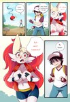 absurd_res anthro blush braixen bray_(lucyfercomic) breasts canid clothing confusion covering covering_breasts cute_fangs duo excited exposed_breasts fangs female generation_6_pokemon grass hair hair_over_eyes hat headgear headwear hi_res human inner_ear_fluff lucyfercomic male mammal midriff nintendo outside plant pokeball pokemon pokemon_(species) pokemon_trainer rock sparkles speech_bubble teeth tuft