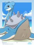 2020 absurd_res anus artist_name beach blue_body blue_border blush border butt cloud countershading day digital_media_(artwork) female feral fin generation_1_pokemon genitals hi_res horn lapras lapras_paradise looking_at_viewer looking_back looking_back_at_viewer nintendo number outside page_number pokemon pokemon_(species) presenting presenting_pussy pussy sand sea seaside shell smile solo tailbutt text url water wide_crotch winick-lim