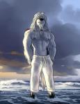 2017 anthro arthropod beach beard bgn black_nipples black_nose canid canine canis clothed clothing crab crustacean decapoda detailed_background domestic_dog dreadlock_beard dreadlocks duo facial_hair feral fur hair hi_res hungarian_sheepdog livestock_guardian_dog malacostracan male mammal marine navel nipples onyxtanuki outside pastoral_dog scar sea seaside shelby_evans sky solo_focus sunset topless water white_body white_fur white_hair