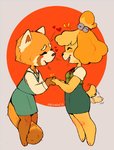 2019 aggretsuko ailurid animal_crossing anthro biped blush bottomwear canid canine canis clothed clothing crossover daww domestic_dog duo emanata eyes_closed female female/female fur furgonomics green_bottomwear green_clothing green_skirt grey_background hand_holding happy heart_symbol high_waisted_bottomwear isabelle_(animal_crossing) mammal monotone_bottomwear monotone_clothing monotone_skirt nintendo open_mouth open_smile orange_body orange_fur pencil_skirt red_panda retsuko sanrio seiishin shih_tzu shirt signature simple_background skirt smile standing tail tail_motion tail_through_skirt tailwag topwear toy_dog yellow_body yellow_fur