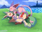 animal_genitalia animal_penis anus blush bodily_fluids bow_(feature) canine_genitalia canine_penis cum cum_in_pussy cum_inside dialogue duo eeveelution espeon female feral generation_2_pokemon generation_4_pokemon genital_fluids genitals grass hi_res klara_mercais knot lake leafeon libor_mercais male male/female nintendo penis plant pokemon pokemon_(species) scorbunny_(artist) smile wanderlust