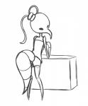 ambiguous_gender antennae_(anatomy) anthro arthropod arthropod_abdomen empty_eyes featureless_(disambiguation) featureless_limbs hi_res hollow_knight iselda_(hollow_knight) kdd monochrome rear_view simple_background solo team_cherry unknown_species white_background