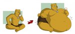 2019 3_toes 5_fingers anthro bear bear_tail belly bent_arm bent_legs big_belly black_nose blue_eyes body_size_growth bottomwear brown_bear brown_bottomwear brown_clothing brown_shorts clothing colored crossed_legs digital_drawing_(artwork) digital_media_(artwork) dog_tags donut_(roundybear) feet fingers food fur grizzly_bear hand_on_leg holding_food holding_object ice_cream_cone jewelry licking_ice_cream male mammal moobs morbidly_obese morbidly_obese_anthro morbidly_obese_male navel necklace obese obese_anthro obese_male overweight overweight_anthro overweight_male paws pink_tongue pockets sequence shaded shorts simple_background simple_shading sitting size_transformation solo surprised_expression tail theannoyingnpc thin_eyebrows toes tongue transformation ursine weight_gain yellow_body yellow_fur yellow_tail