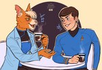 alien beverage breasts brown_hair caitian coffee crossover doctor dr._t'ana duo facebook_logo felid female hair human leonard_mccoy male male/female mammal oddthesungod sitting star_trek star_trek_lower_decks star_trek_the_original_series starfleet_uniform twitter twitter_logo