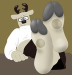 2021 anthro antlers barefoot beagle-bagel bedroom_eyes bottomwear clothed clothing cloven_hooves daihatsu deer digital_media_(artwork) eyebrows eyewear feet foot_fetish fully_clothed glasses hi_res hoof_fetish hooved_plantigrade hooved_toes hooves horn kakukaku_shikajika_(daihatsu_motors) looking_at_viewer lounging male mammal mascot narrowed_eyes pawpads plantigrade raised_eyebrow seductive shaded simple_background smile soles solo topwear underhoof