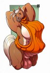 2024 abs anthro artist_name balls big_balls big_breasts big_penis bottomless bottomless_anthro bottomless_gynomorph bottomless_intersex breasts clothed clothing digital_media_(artwork) equid equine erection erection_under_clothing freckles_(artist) genitals geometric_background gynomorph hair hands_behind_head hi_res horse intersex juniper_(freckles) looking_at_viewer mammal muscular muscular_anthro muscular_gynomorph muscular_intersex nipple_outline orange_clothing orange_sweater orange_topwear penis signature simple_background smile smiling_at_viewer solo sweater tail topwear white_hair white_tail