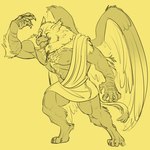 1:1 anthro avian awarebear beak big_wings claws clothing collar feathers gryphon male muscular muscular_anthro muscular_male mythological_avian mythological_creature mythology nipples simple_background solo tail toga werecreature weregryphon wings yellow_background