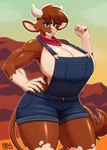 2024 anthro anthrofied arizona_cow_(tfh) artist_logo big_breasts bovid bovine breasts brown_body brown_fur cattle cleavage clothed clothing doodle_dip english_text female fist front_view fur green_eyes hi_res horn huge_breasts lips logo mammal muscular muscular_anthro muscular_female outside overalls overalls_only shirtless shortalls side_boob signature solo standing tail tail_tuft text them's_fightin'_herds tuft wide_hips