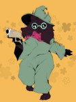 3:4 ambiguous_gender anthro bovid caprine clothed clothing deltarune digital_media_(artwork) english_text eyewear fur glasses goat gun hat headgear headwear hi_res horn looking_at_viewer male_(lore) mammal pose ralsei ralsei_with_a_gun ranged_weapon scarf simple_background smokedsoul35 solo standing text undertale_(series) weapon