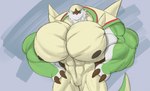 2024 anthro big_muscles big_pecs chesnaught front_view frown generation_6_pokemon grey_nipples hand_on_hip hi_res huge_muscles huge_pecs hyper hyper_muscles hyper_pecs looking_at_viewer male muscular nintendo nipples nude pecs pokemon pokemon_(species) solo sonicgamer spikes yellow_body